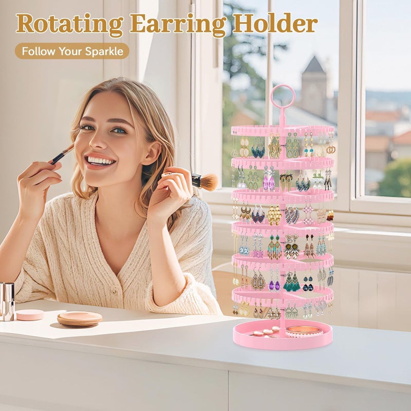 MODOWEY 6 Tier Rotating Earring Holder Organizer Display Tree with Metal Tray, Adjustable Plastic Stand with 342 Slots for Stud Hoop Hanger, Large Capacity Storage Rack for Women, Pink - Image 2